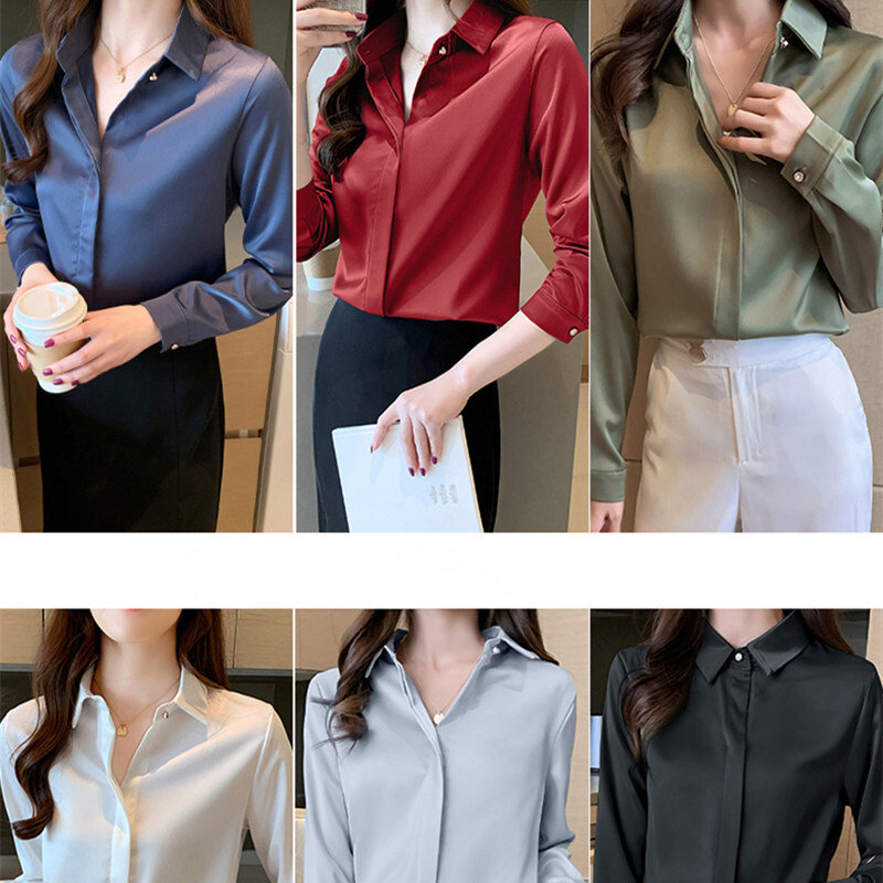 2023 Autumn Women's Shirts Satin Blouse for Women Long Sleeve Shirt Silk White Shirt OL Woman Solid Blouses Pullover Ladies Tops