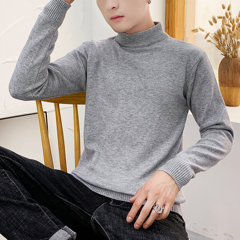 Autumn and Winter 2023 New Semi High Neck Knitted Sweater Men's Solid Fashion Pullover Sweater Outdoor Casual Warm Sweater