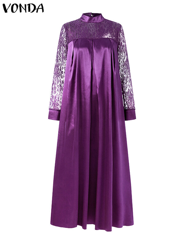 VONDA 2023 Oversized Longues Long Sleeve Mock Neck Vestidos Summer Women Vintage Kaftan Dress Bohemian Lace Patchwork Maxi Robes