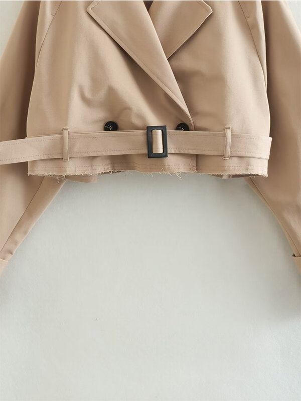 YENKYE nowa moda damska z paskiem ponadgabarytowe przycięte prochowce Vintage podwójny guzik z długim rękawem damska krótka kurtka Khaki
