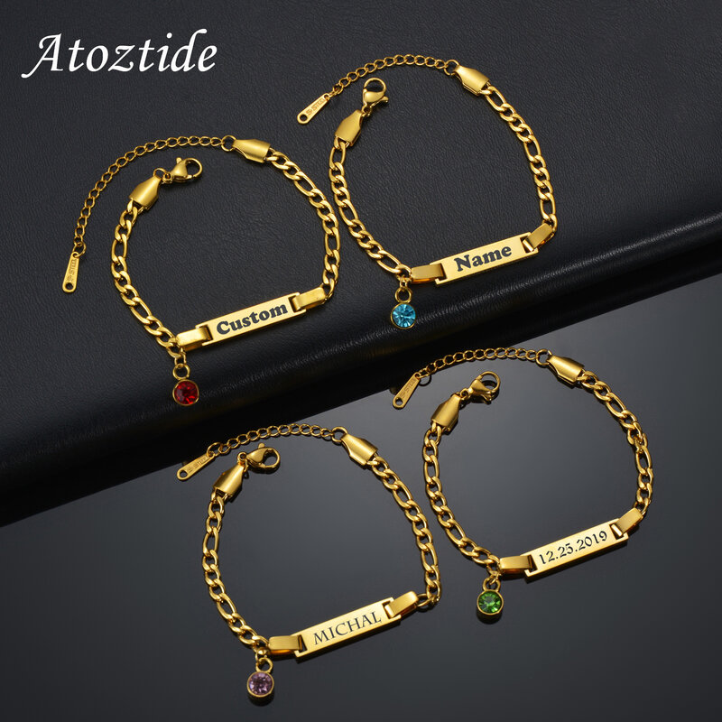Atoztide Personalized Engrave Name Date Birthstone Bracelet Stainless Steel For \Women Kids Adjustable Link Chain Jewelry Gift