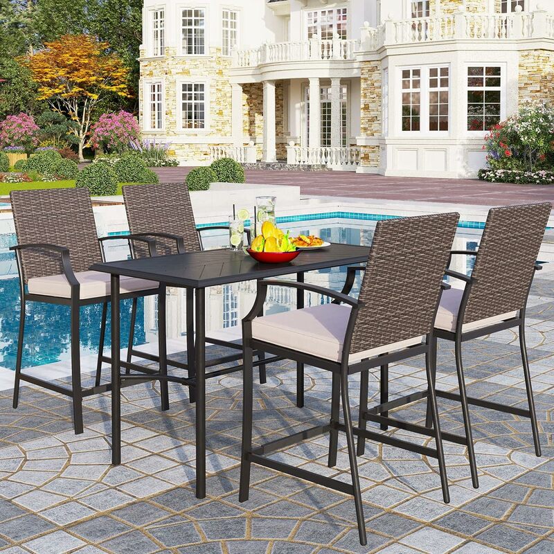 Outdoor Counter Table and Chairs,Swivel Bar Chairs with Cushion and Seats,Rectangular Metal bar Table,Patio Dining Set