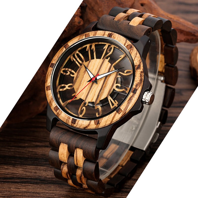 Jam tangan pria, arloji tali kayu alami Quartz Dial angka Arab kerangka coklat tua transparan