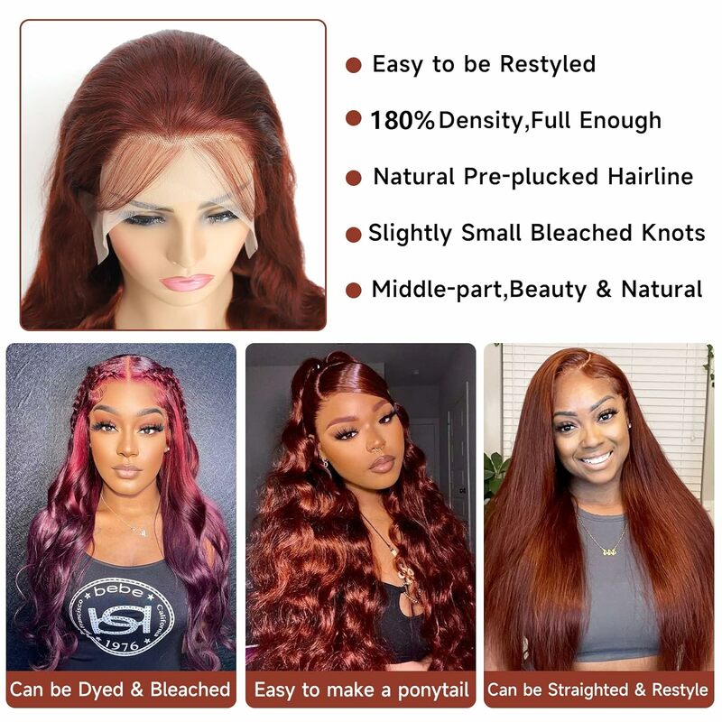 Reddish Brown Lace Front Wig Human Hair Body Wave Wigs Human Hair Water Wave 13x4 HD Transparent Human Hair Wig with Baby Hair