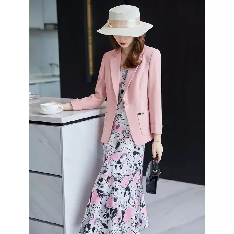 Blazer feminino de manga comprida, jaqueta justa para senhoras, rosa e preto, botão de cante, roupa de negócios e trabalho, casaco formal, primavera e outono