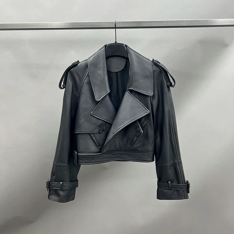 Jaqueta de couro genuíno para mulheres, casaco curto de couro real, jaquetas cortadas Moto, moda senhora, 2024