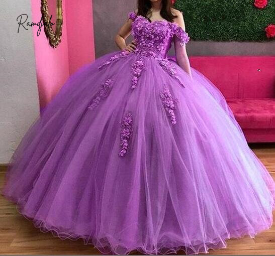 Vestido de baile de princesa para quinceañera, traje con hombros descubiertos, lavanda dulce 16, Rosa 3D, flores florales, para cumpleaños, 2024