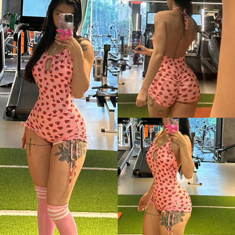 Baju kodok Yoga wanita, jumpsuit Fitness satu potong seksi punggung terbuka, cepat kering, playsuit Fitness Wanita