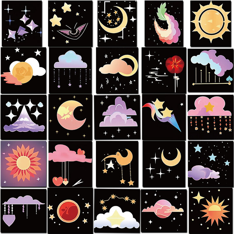 Pegatinas de dibujos animados de estilo Kawaii, pegatinas de sol, Luna, cielo nocturno, estrellas, Maleta, guitarra, teléfono, ventana, 10/30/50 piezas
