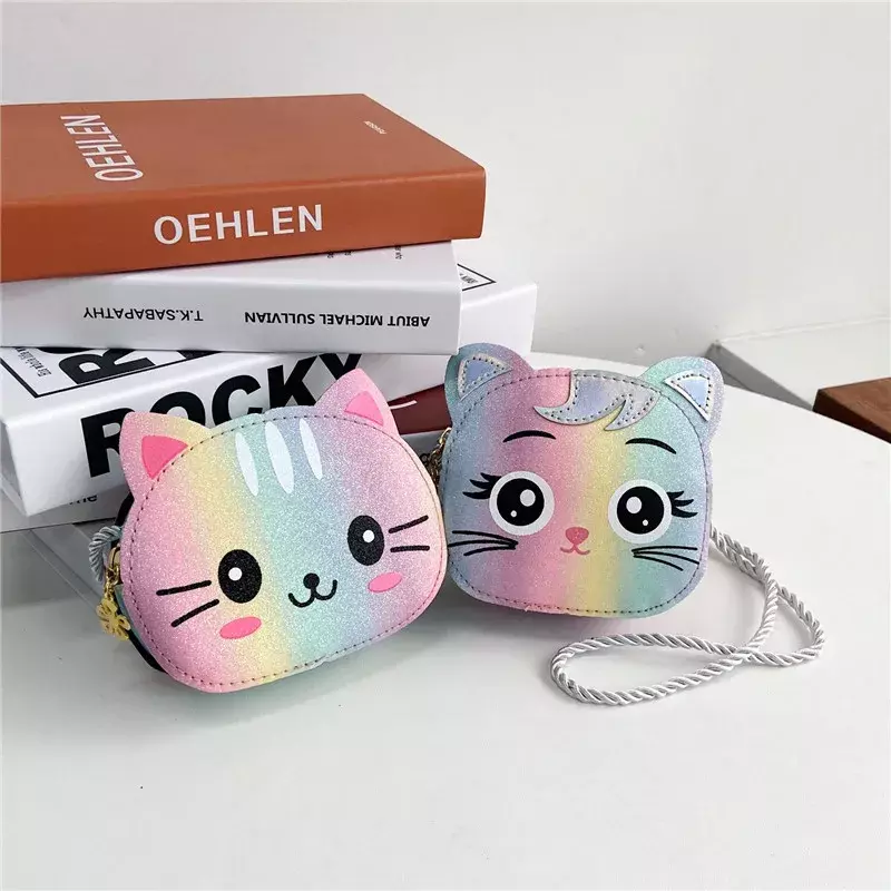 Pu Leder Umhängetasche für Kinder Cartoon Baby Mädchen Mini süße Katze Umhängetaschen Reiß verschluss Brieftasche Kinder kleine Geldbörse