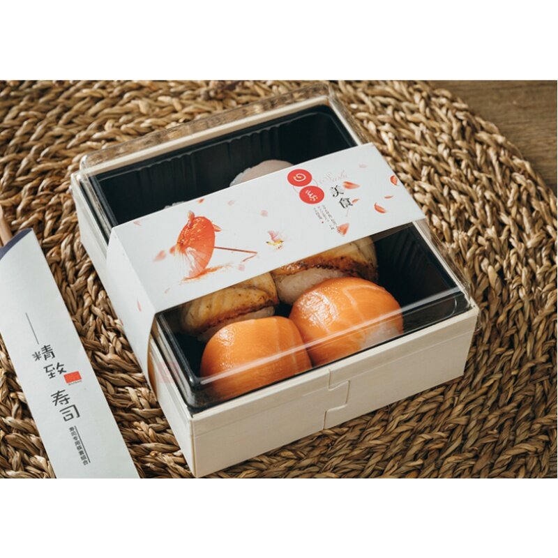 Caja de Sushi japonesa respetuosa con el medio ambiente, embalaje de madera personalizado con logotipo