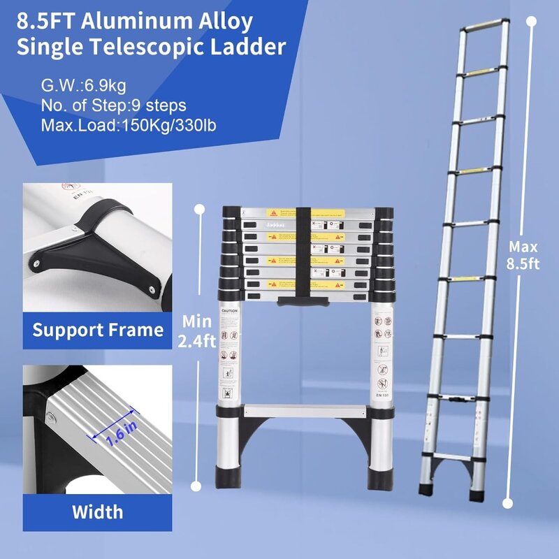 Telescoping Ladder,8.5 FT Extension Ladder,Aluminum Lightweight Telescopic Ladder with 2 Triangle Stabilizers, Telescoping