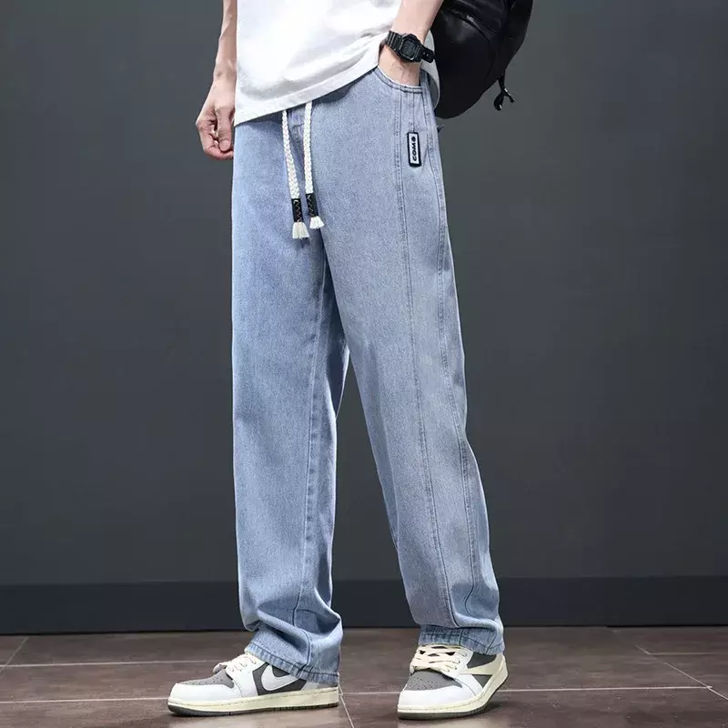 Koreańska moda workowate dżinsy męska nowa wiosna szerokie nogawki męskie spodnie elastyczna talia luźno dopasowane męska odzież Y2k