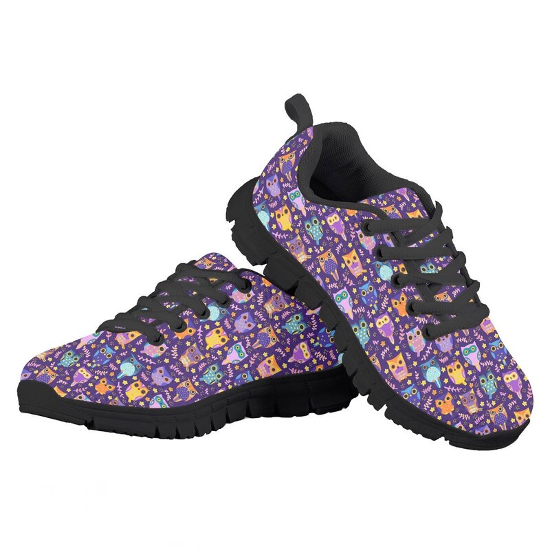 Zapatillas de deporte de malla con patrón de dibujos animados para niños adolescentes, zapatos planos informales con cordones, calzado ligero para niños, color púrpura, búho de moda