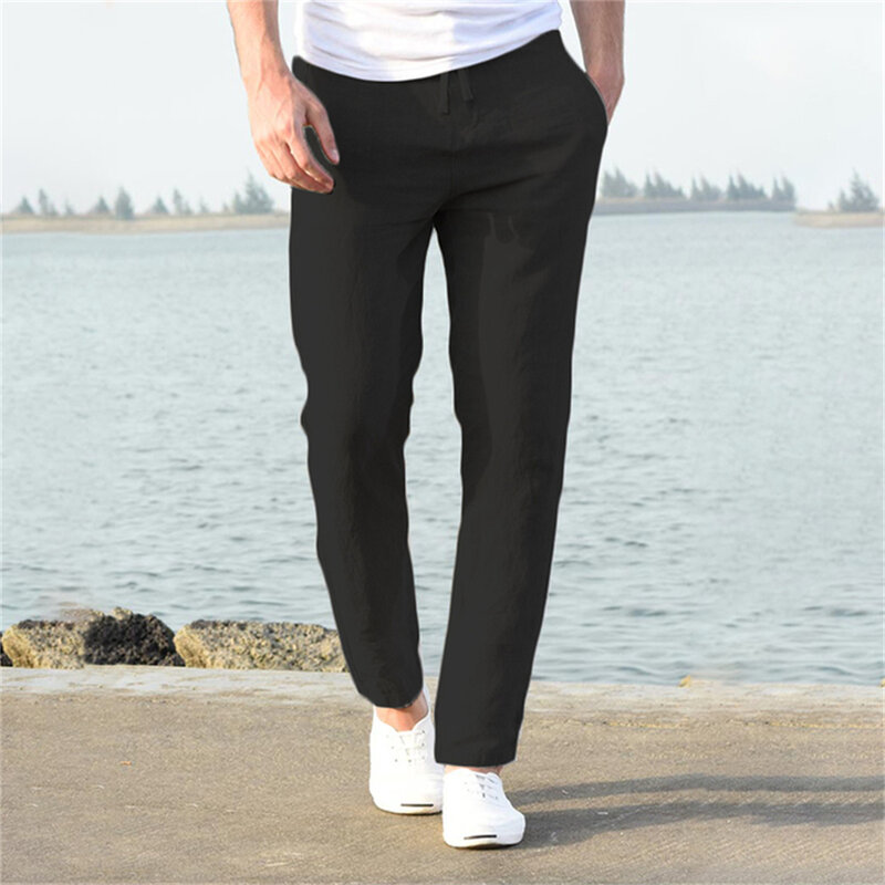 Мужские брюки из хлопка и льна, осенние дышащие однотонные льняные брюки, одежда для фитнеса в уличном стиле, новинка 2023