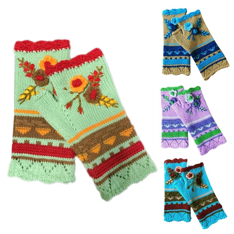 Damskie zimowe grube dzianiny tekstylne rękawiczki bez palców etniczne Vintage wielokolorowe paski szydełkowe kwiatowe otworem