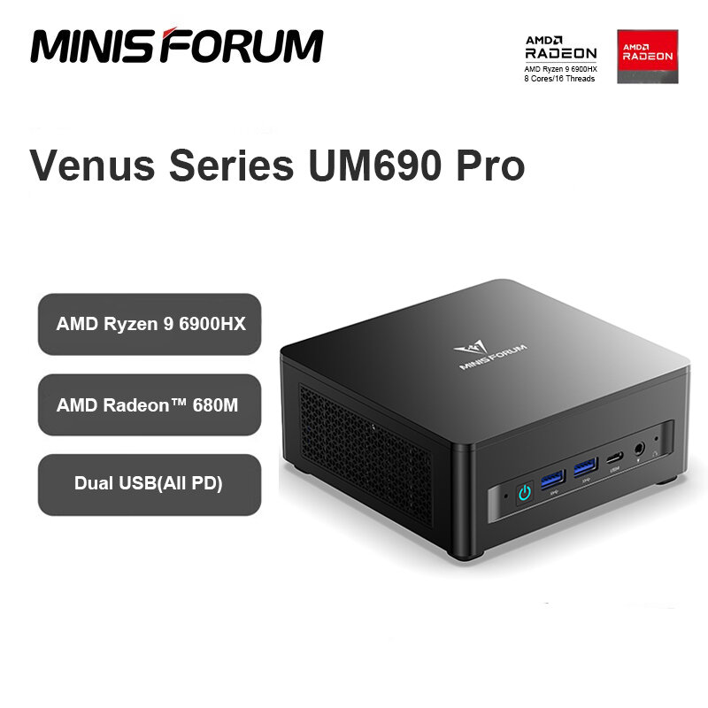 MINISFORUM-ordenador de escritorio UM690 Pro, Mini PC AMD Ryzen 9, 6900HX, DDR5, 32GB, 1TB, SSD, Windows 11, USB 4, todo PD, WIFI, 6E