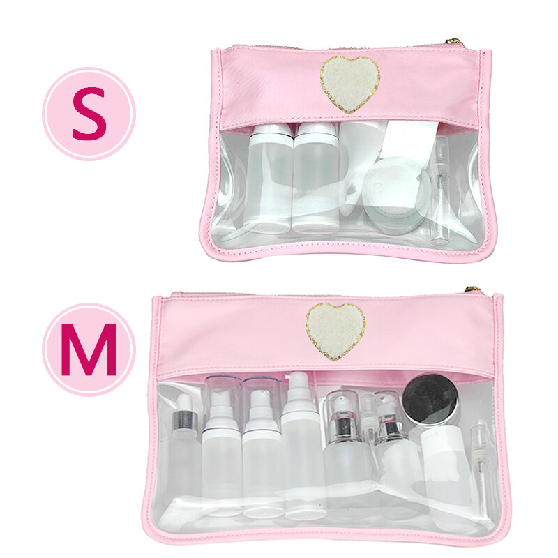 Sacos de cosméticos de viagem pvc transparente cor clara maquiagem saco organizador plana zíper bolsa chenille letras bolsa de viagem