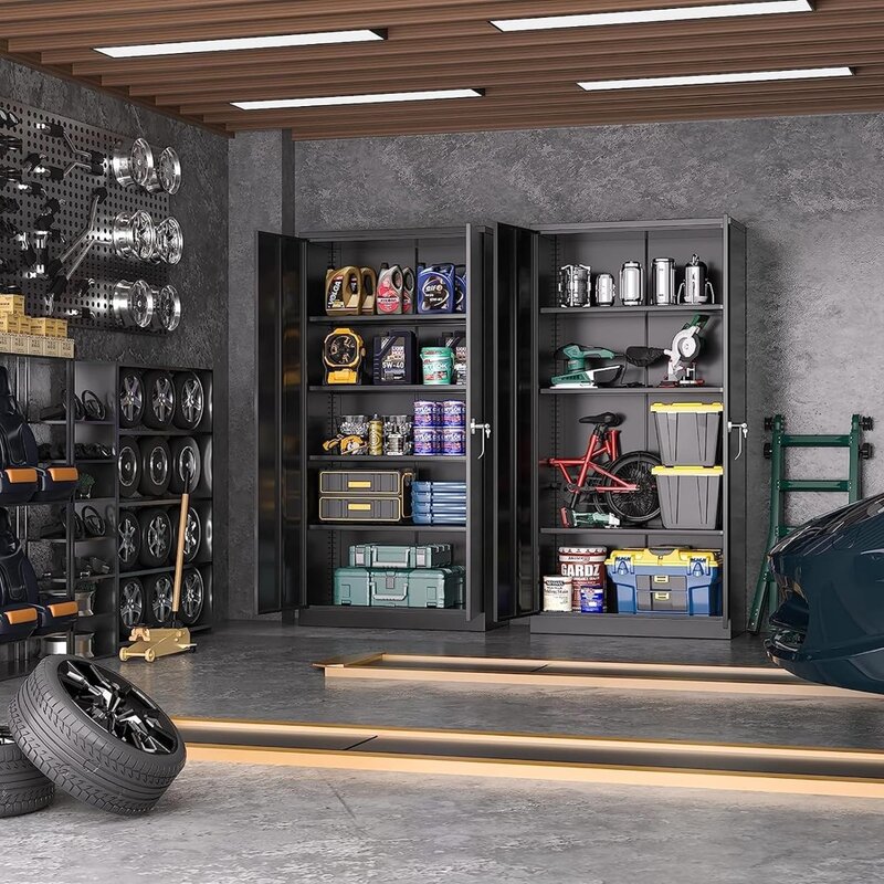 Armário de armazenamento bloqueável de metal com portas, Armários de armazenamento pretos, 4 prateleiras, Armário de aço
