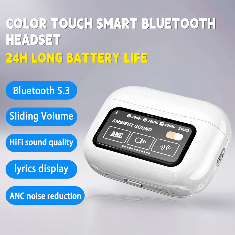 A9 pro Headset nirkabel ANC layar sentuh, Headphone Bluetooth 5.3 Noise Cancelling pembatalan kebisingan mendukung aplikasi daya tahan baterai lama