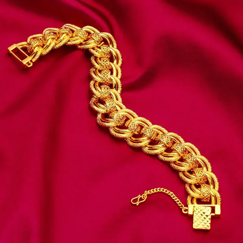 20mm Width Orginal 24k Gold Color Hollow Fried Dough Twist Bracelet for Women Bride Wedding Birthday Luck Yellow Gold Bracelets