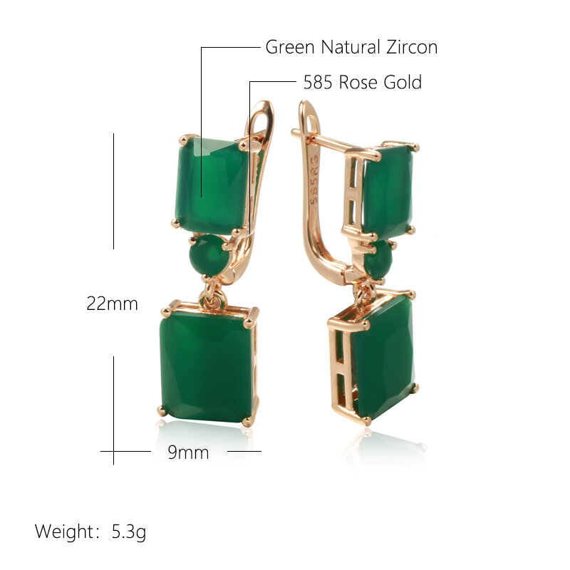 SYOUJYO-brincos naturais de zircão para mulheres, joias finas de moda étnica de opala vintage, verde escuro grande quadrado, cor rosa dourada, 585