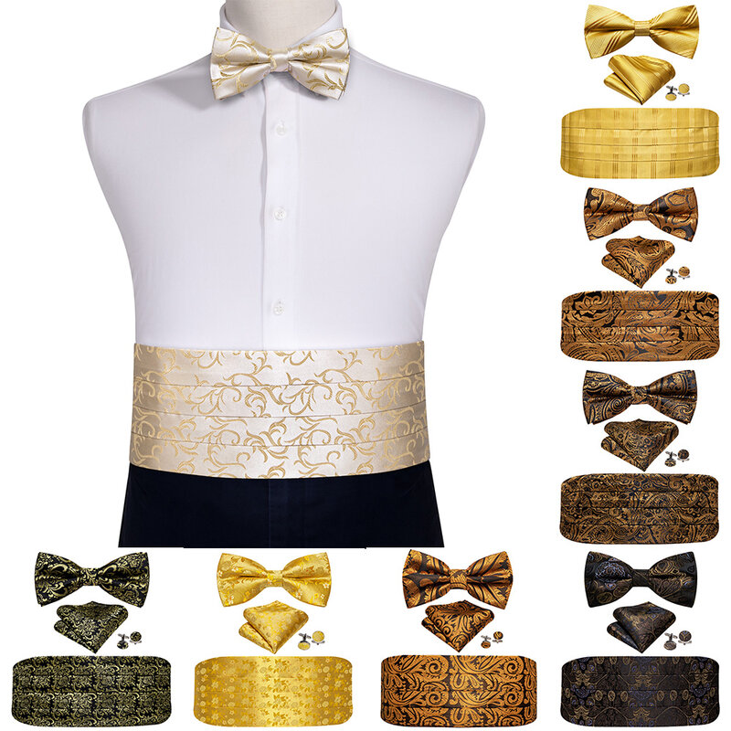 Barry Wang White Seda Cummerbund Set para homens, gravata borboleta floral, lenço, abotoaduras, smoking, designer elegante, festa de casamento