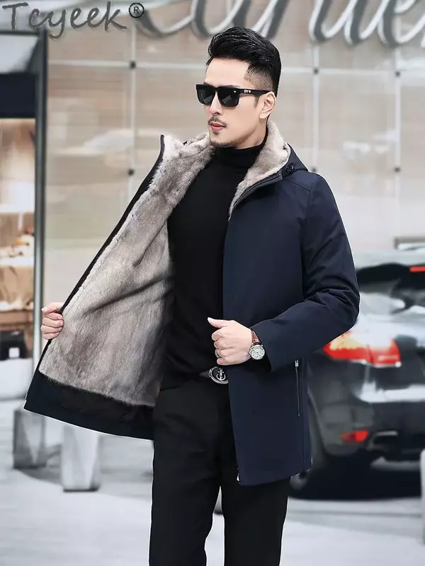Tcyeek-jaqueta de pele de vison natural masculina, parka média longa, casaco de pele real, casual e empresarial, moda streetwear, inverno