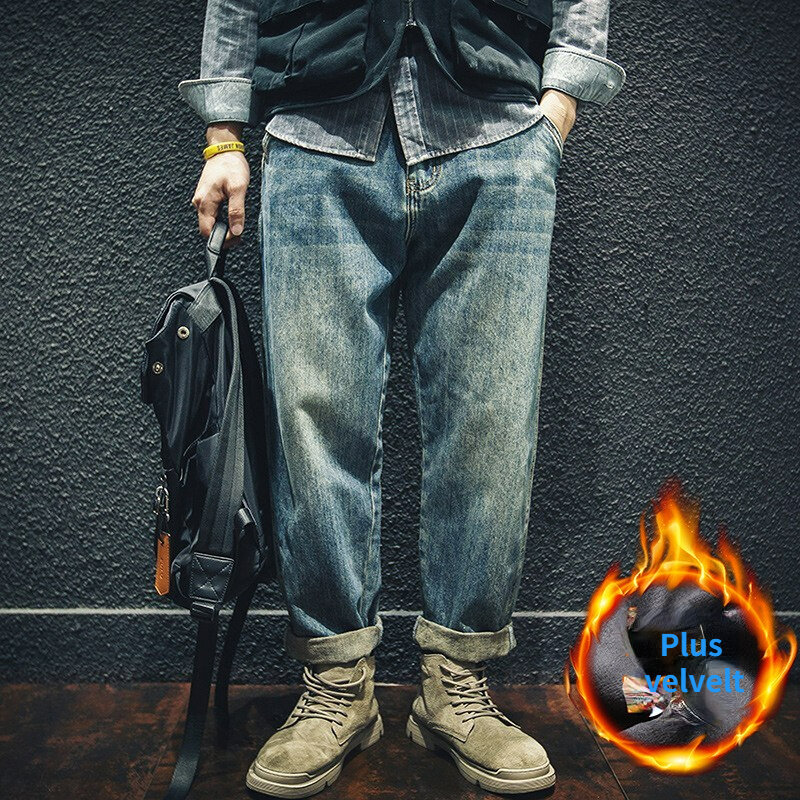Winter Jeans Männer lose Retro-Hosen trend ige Marke in großen fetten Harem plus Samt verdickt machen alte Herbst hosen Kleidung