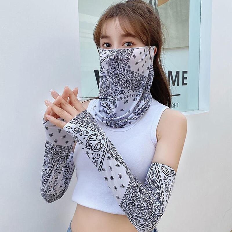 Summer Cool Ice Silk Sunscreen Face Mask Arm Sleeves Cover Outdoor Sports UV Blocking Hanging Ear Sun Protection Facial Mask