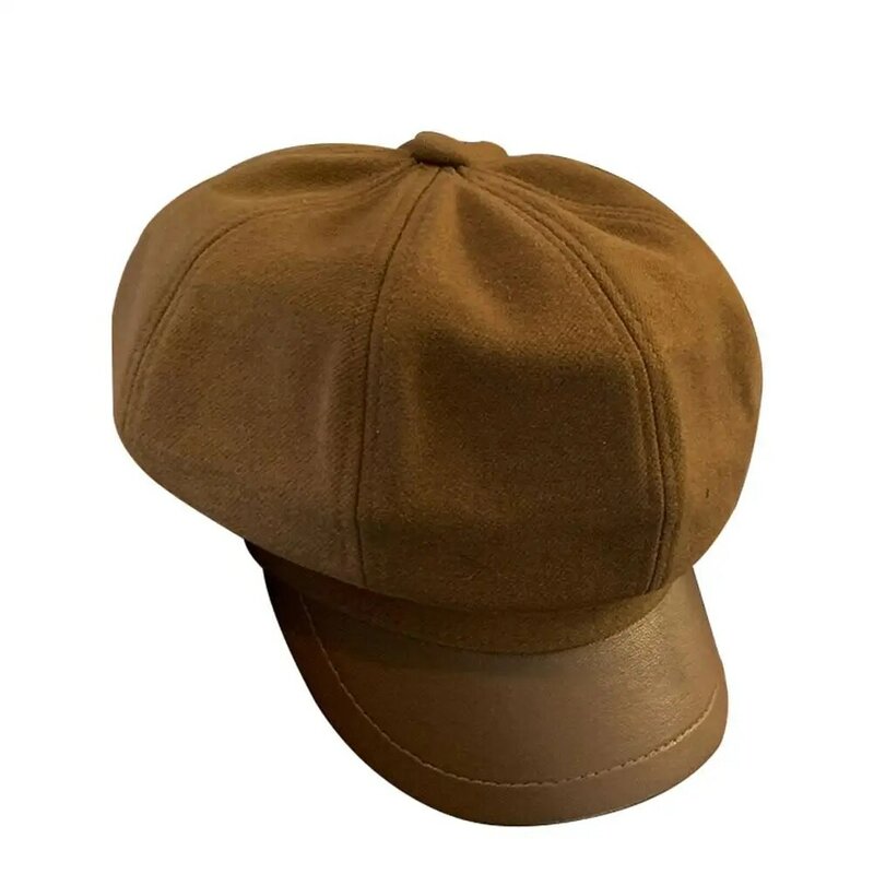 Topi wol polos untuk wanita, topi pelukis baret oktagonal polos kasual musim dingin pria wanita V4C4
