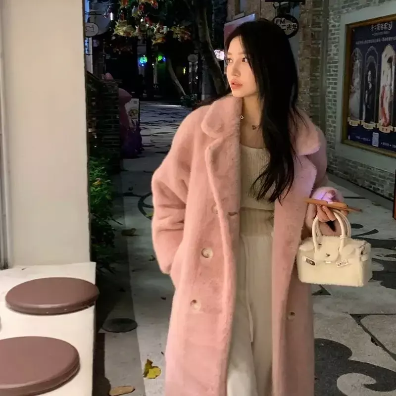 女性のための暖かい長いフェイクファーオーバーコート、厚い模造ミンクコート、韓国の高品質、豪華なエレガントな毛皮、冬