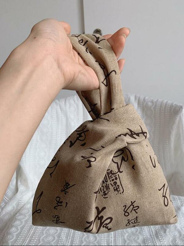 Saco antigo de lona estilo étnico chinês, bolsa pequena bordada, bolsa de pulso vintage caligrafia, bolsa cheongsam