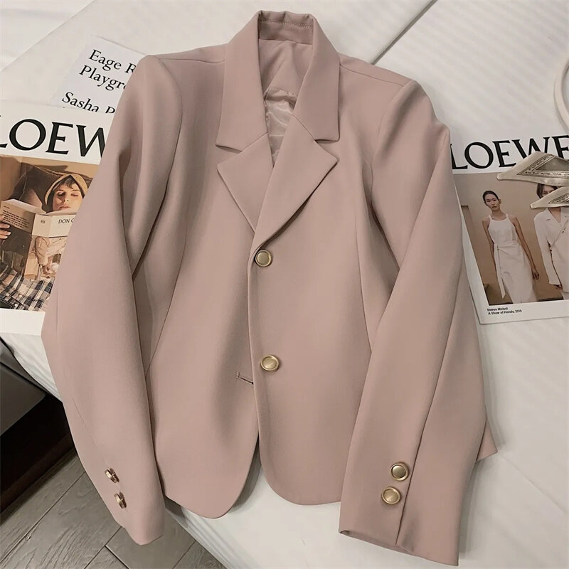 Korean Fashion Street Blazer Autumn Female Casual Coats Long Sleeve Lapel Neck Jackets Woman Vinatge Solid Outwear 2024