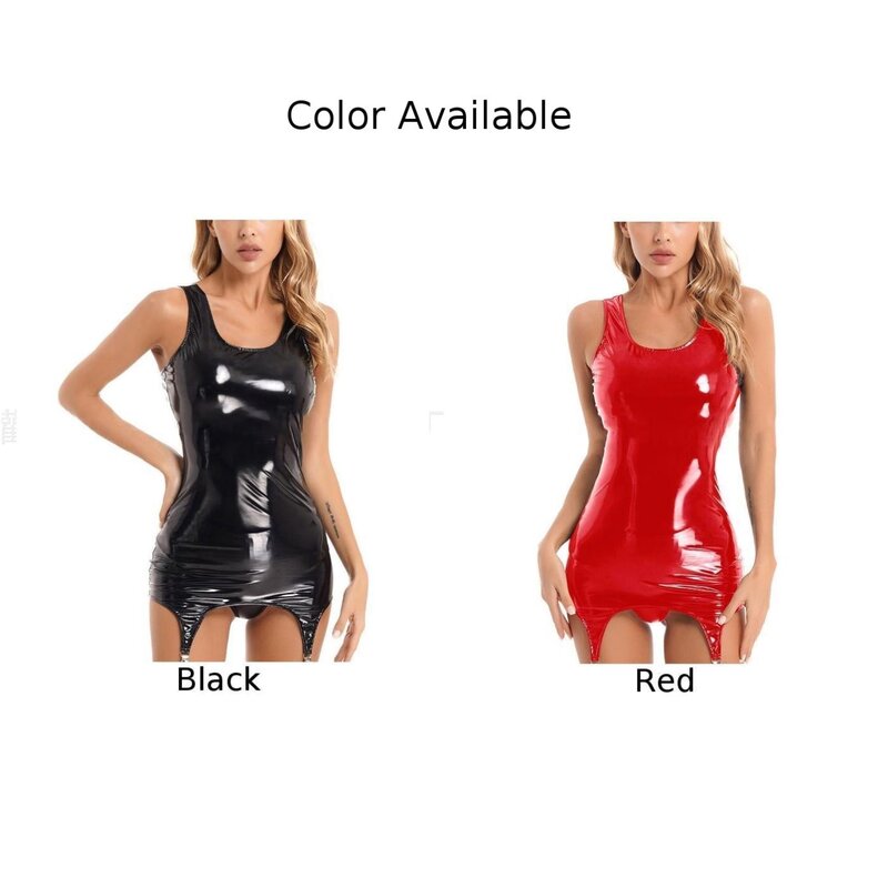 Women Sexy Patent Leather Wet Look Bodycon Dresses Bodysuit Garters Tight Fitting Temptation Sensual Party Night Clubwear