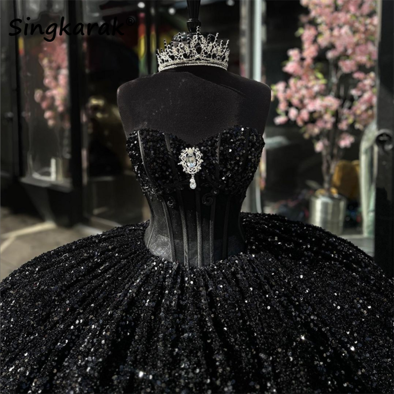 Elegante Zwarte Baljurk Quinceanera Jurk Lieverd Sweet 16 Jurk Kristallen Pailletten Steentjes Vestidos Feestjurk Korset