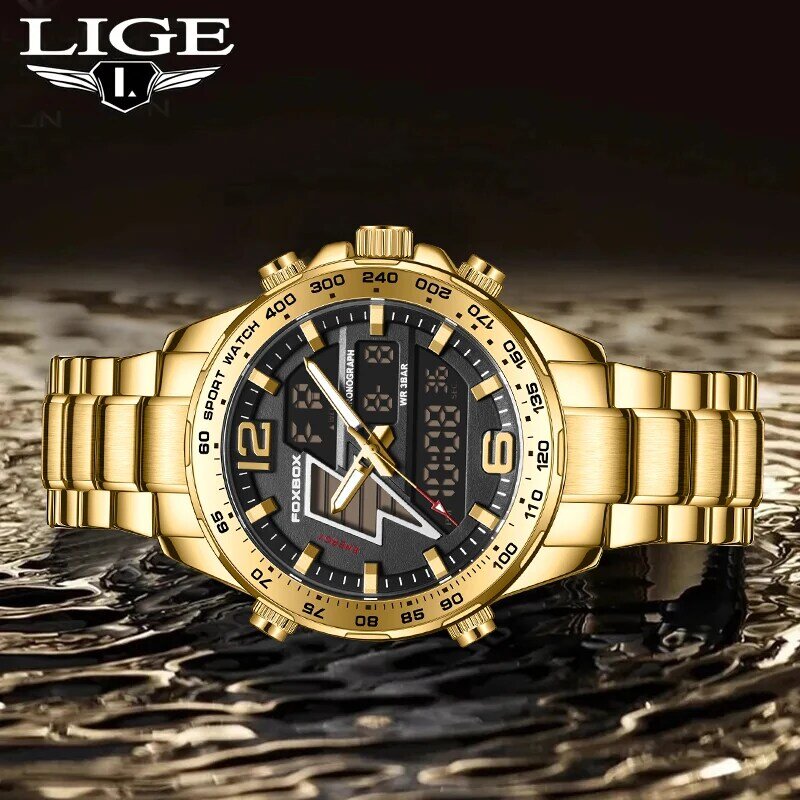 Lige-メンズスポーツウォッチ,高級オリジナル腕時計,クォーツ,スチール,耐水性,デュアルディスプレイ,男性