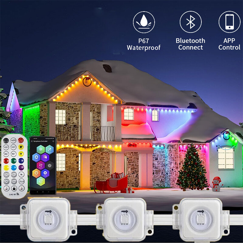 15M 30M Permanent Outdoor Eave LED String Lights Waterproof Decorative Lights with RGB WIFI Bluetooth Control for use with Alexa
