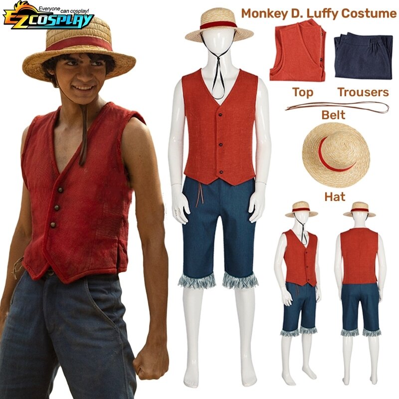 Série de TV One Piece, Monkey D, 2023 Luffy Cosplay Costume, Colete, Calças, Chapéu, Roupas de Festa, Carnaval, Halloween