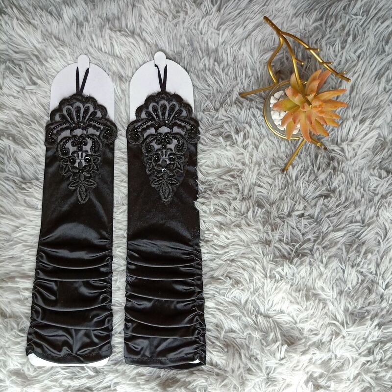 Женские свадебные перчатки с оборками, золотистые черные атласные перчатки до локтя с бисером