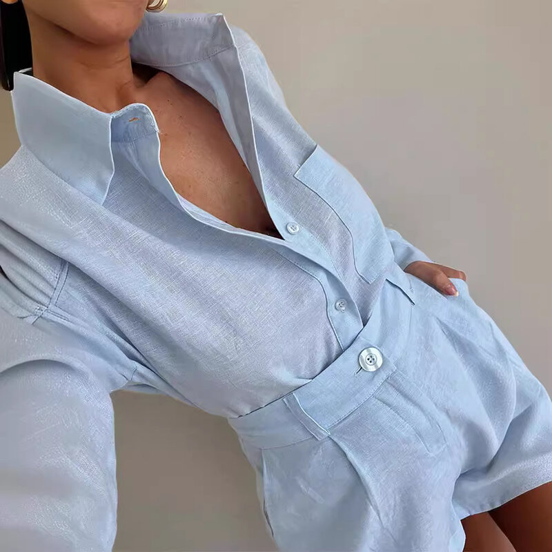 Lässige Damen bekleidung 2024 neue einfarbige Revers Langarmhemd kurze Hose Set Sommer atmungsaktives zweiteiliges Set