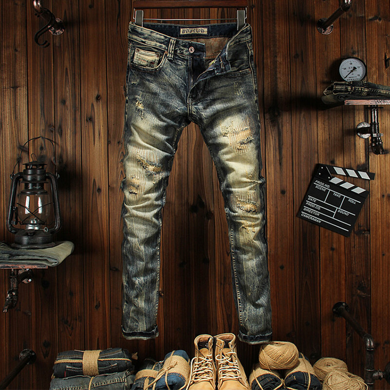 Джинсы мужские потертые в стиле ретро, модные дизайнерские рваные джинсы Slim Fit в стиле пэчворк, винтажные брюки из денима