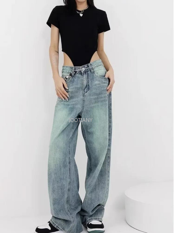 Pulverizador de cintura alta feminino tingido Graffiti Jeans, tubo reto, calça de perna larga, jeans vintage, calça casual com contraste, verão, novo