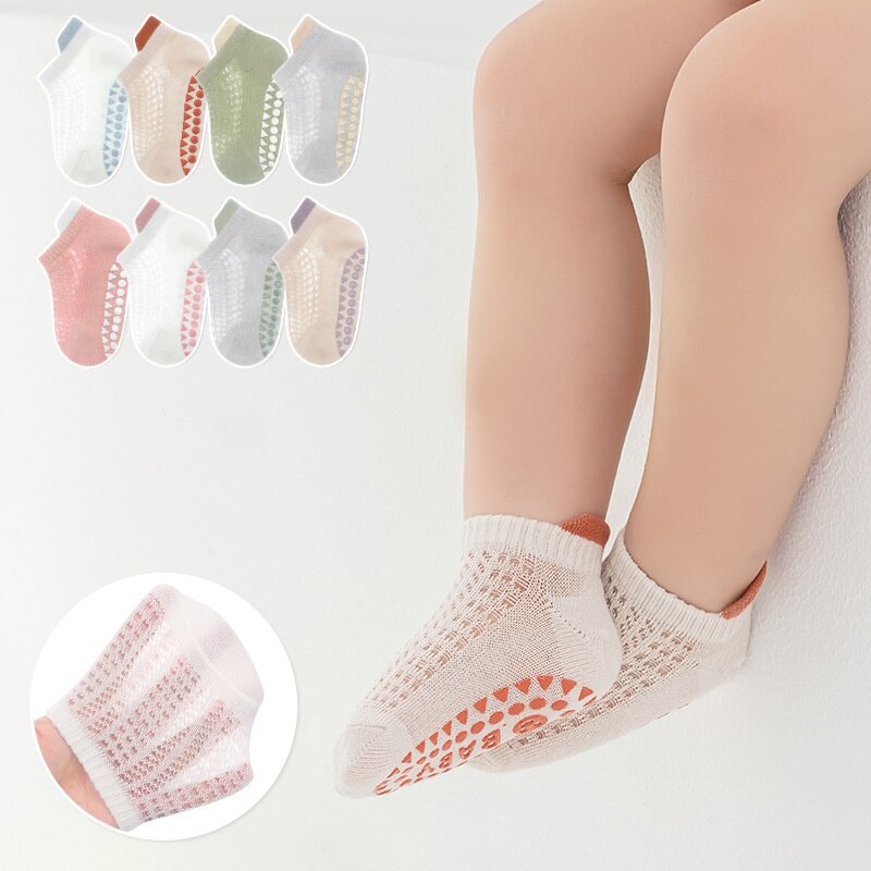 Kaus kaki bayi musim panas untuk anak laki-laki perempuan, gaya kesederhanaan busana kaus kaki pergelangan kaki bayi katun lembut jaring tipis anti-selip kaus kaki lantai untuk balita