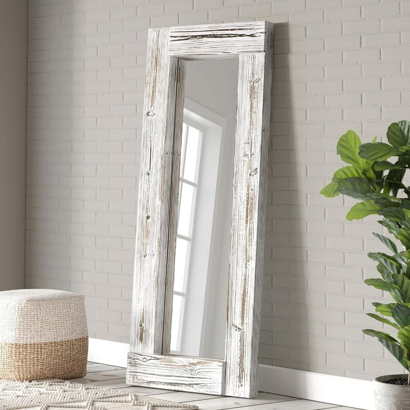 58" x 24" Rustic Farmhouse Full Length Mirror - Wood Frame Floor Standing Bedroom Mirror, Whitewash