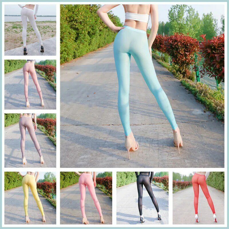 Women Sexy High Waist Ultra Thin Ice Silk Perspective Tight Fitness Shark Pants Yoga Pants Slim Fit Oily Air Pants Soft Lingerie