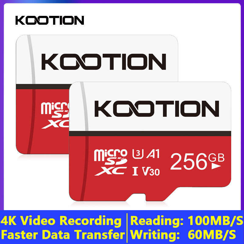 KOOTION-tarjeta Micro SD T1 de 256GB, UHS-I U3 V30 4K para cámara de acción, Drone, Clase 10 teléfono inteligente, tarjeta de memoria MicroSD de 128GB SDXC