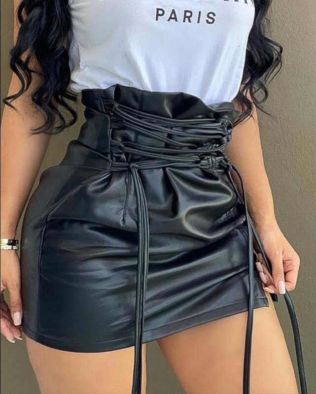 Girls 2024 New Mini Fashion Short Skirt Lace Up Sexy High Waist Wrap Hip Pu Leather Lace Up Pleated Mini Skirt