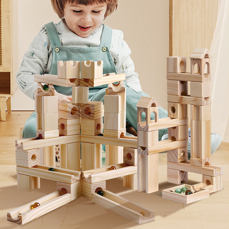 어린이 가변 트랙 볼 빌딩 블록, 유치원 지능형 목재 건설 조립 대리석, 어린이 목재 장난감