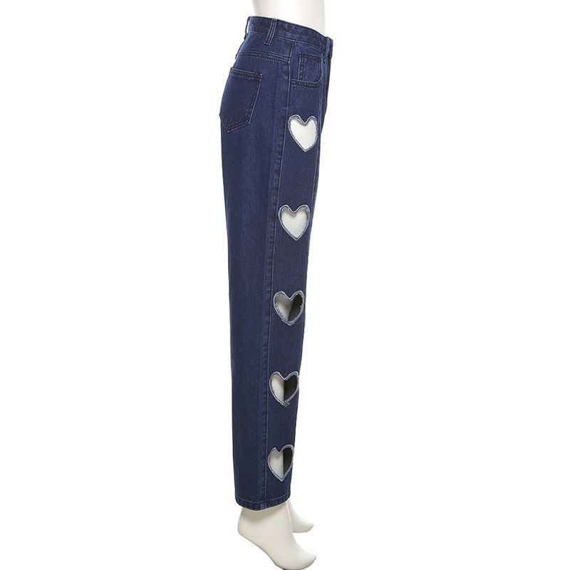 Y2K Heart-shaped High-waist Straight-leg Cut-out Ripped Jeans Women's Korean Slim-fit Trousers Casual Pants Streetwear Summer